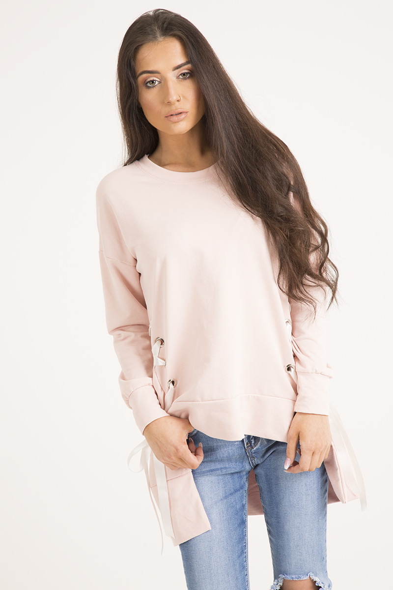 Pink Ribbon Lace Up Dipped Hem Jumper - Wilma-Jumper
