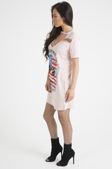 Pink 'Riding In California' Graphic Print Cut Out Pin Detail T-Shirt Dress - Harper-Dresses