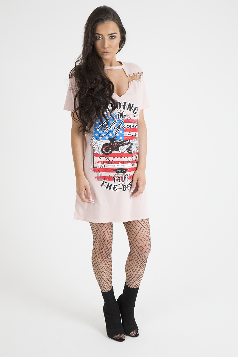 Pink 'Riding In California' Graphic Print Cut Out Pin Detail T-Shirt Dress - Harper-Dresses