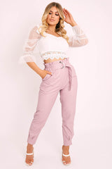 Pink Ring Belt Straight Leg PU Trousers - Jazmine-Trousers