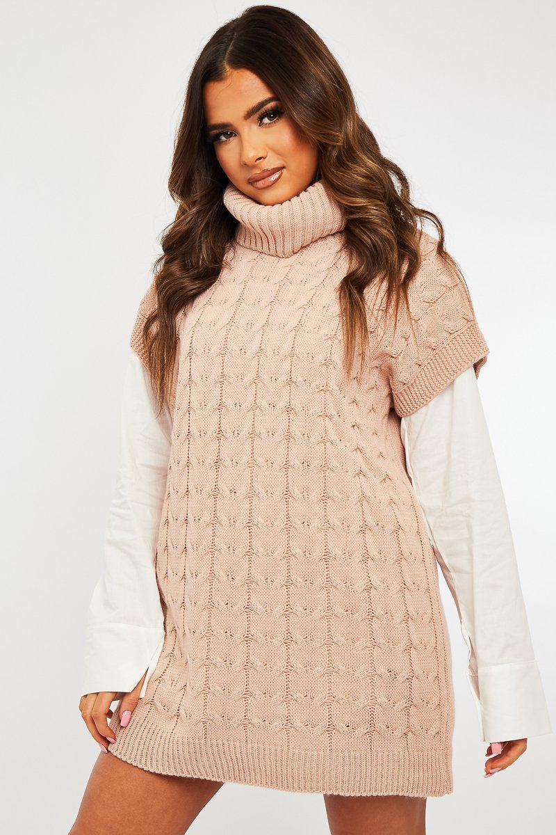 Pink Roll Neck Cable Knit Vest - Emira-Jumper