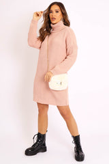 Pink Roll Neck Mini Jumper Dress - Dariyana-Dresses