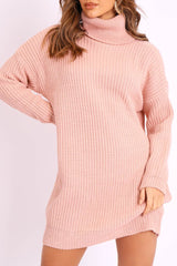 Pink Roll Neck Mini Jumper Dress - Dariyana-Dresses