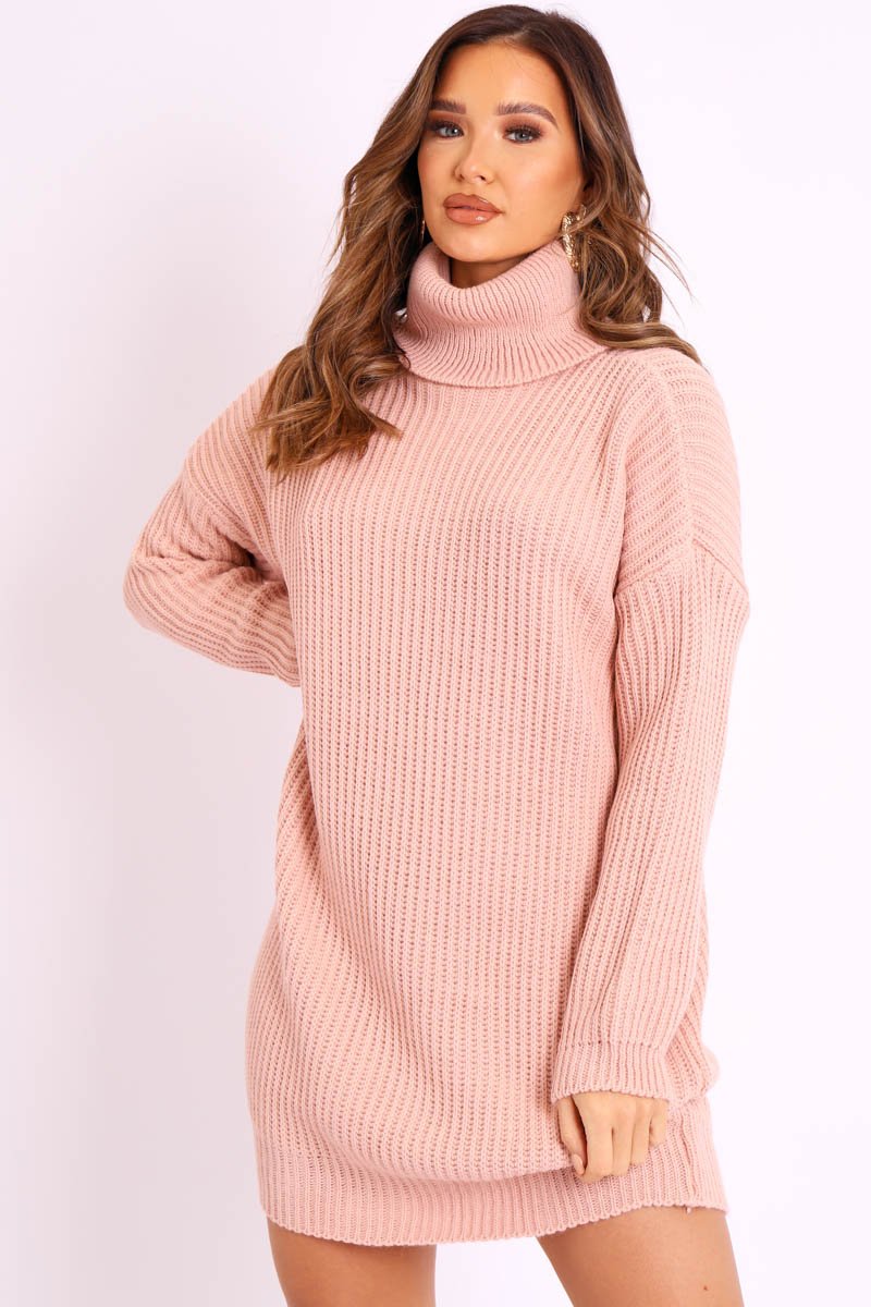 Pink Roll Neck Mini Jumper Dress - Dariyana-Dresses