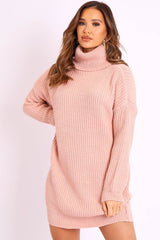 Pink Roll Neck Mini Jumper Dress - Dariyana-Dresses