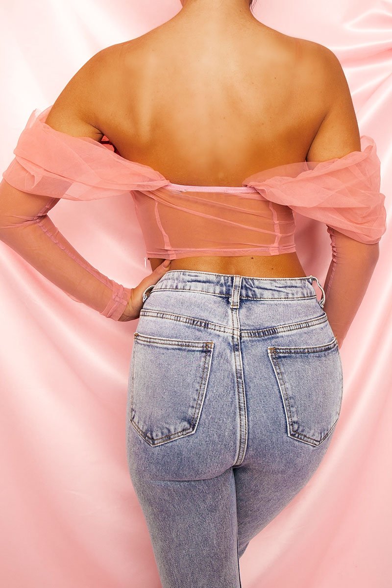 Pink Rose Print Mesh Sleeve Corset Top - Evyanna-Tops