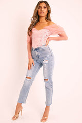 Pink Rose Print Mesh Sleeve Corset Top - Evyanna-Tops