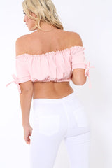 Pink Ruched Bardot Gypsy Crop Top - Janette-Crop Tops