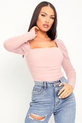 Pink Ruched Body Mesh Sleeve Bodysuit - Raeya-Bodysuits
