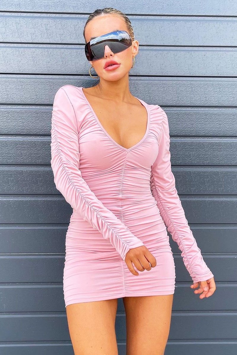 Pink Ruched Detail Slinky Mini Dress - Demmi-Dresses