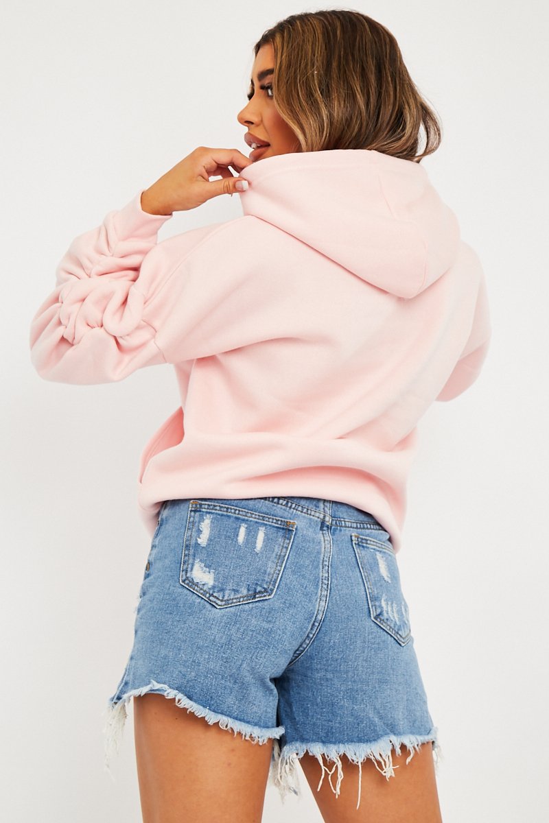 Pink Ruched Sleeve Oversized Hoodie - Dezi-Hoodies
