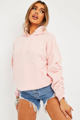 Pink Ruched Sleeve Oversized Hoodie - Dezi-Hoodies