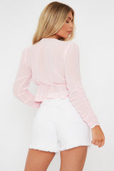 Pink Ruched Sleeve Peplum Top - Hawi-Crop Tops