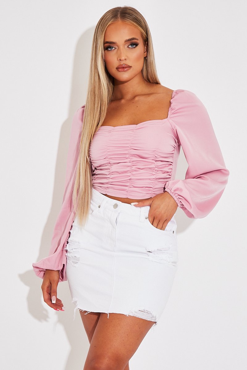Pink Ruched Square Neckline Crop Top - Hallie-Crop Tops