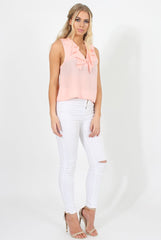 Pink Ruffle Collar V Neck Top - Cassie-Tops