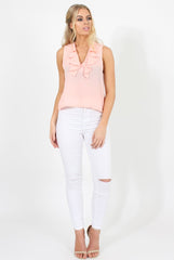 Pink Ruffle Collar V Neck Top - Cassie-Tops