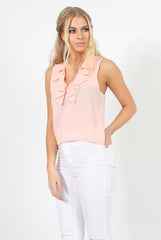 Pink Ruffle Collar V Neck Top - Cassie-Tops