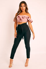 Pink Ruffle Front Bardot Crop Top - Lacie-Crop Tops