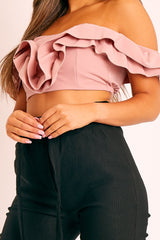 Pink Ruffle Front Bardot Crop Top - Lacie-Crop Tops