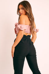 Pink Ruffle Front Bardot Crop Top - Lacie-Crop Tops