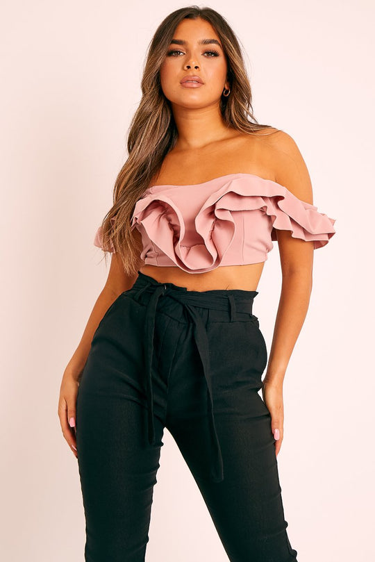 Pink Ruffle Front Bardot Crop Top - Lacie