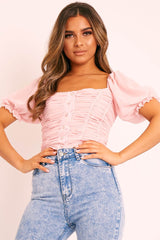Pink Ruffle Pearl Button Crop Top - Stefani-Crop Tops
