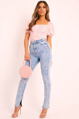 Pink Ruffle Pearl Button Crop Top - Stefani-Crop Tops