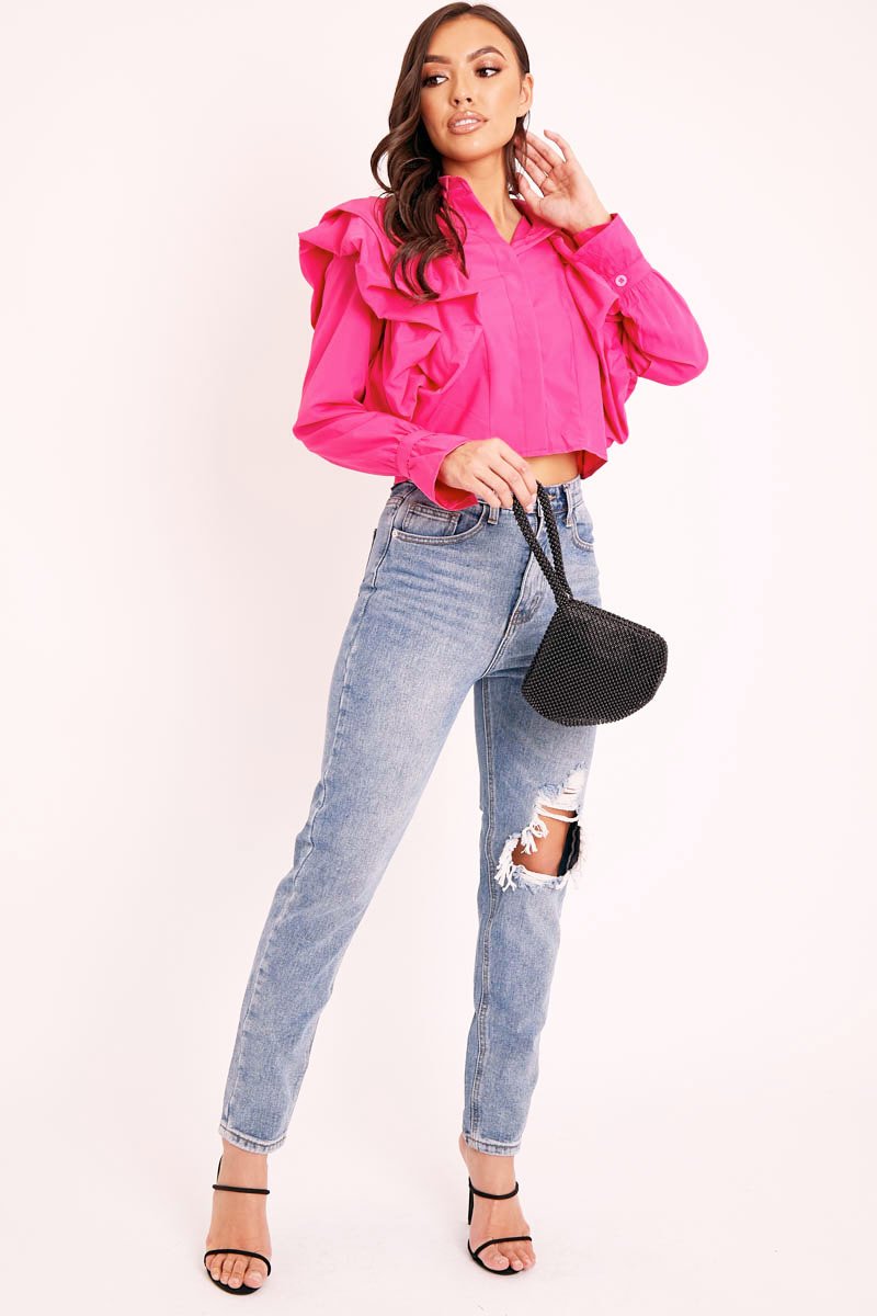 Pink Ruffle Shoulder Cropped Shirt - Fiorella-Shirts