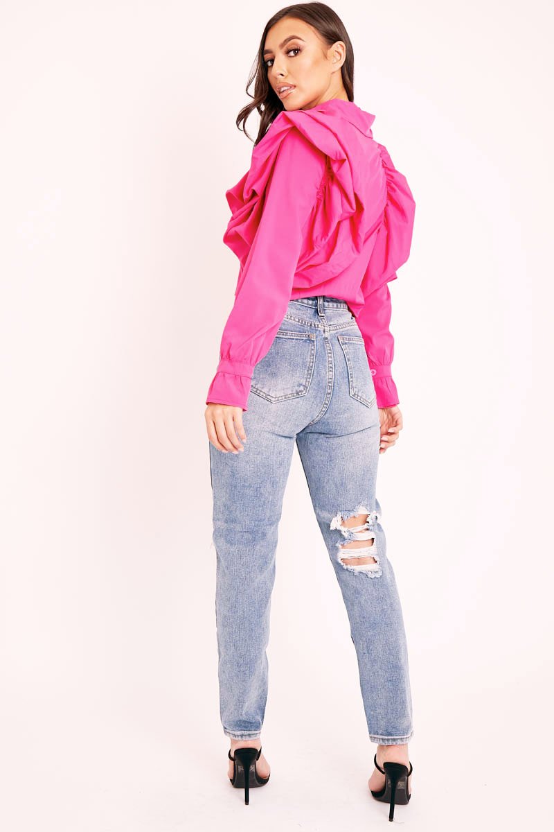 Pink Ruffle Shoulder Cropped Shirt - Fiorella-Shirts