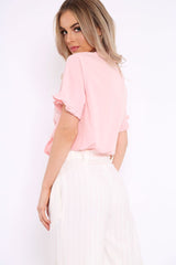 Pink Ruffle Sleeve Tie Front Shirt - Mariana-Tops