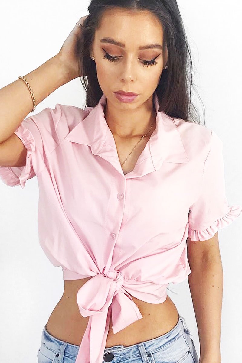 Pink Ruffle Sleeve Tie Front Shirt - Mariana-Tops