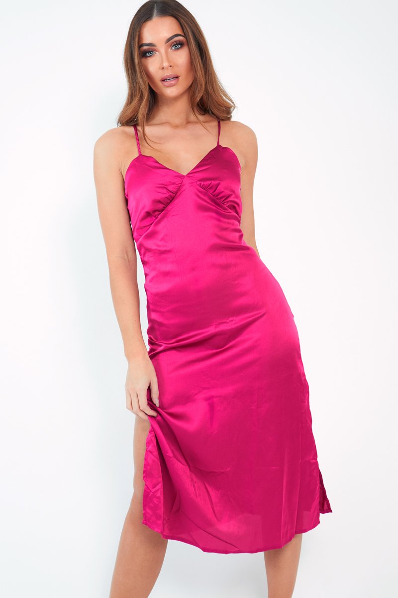 Pink Satin Cami Strap Satin Midi Dress