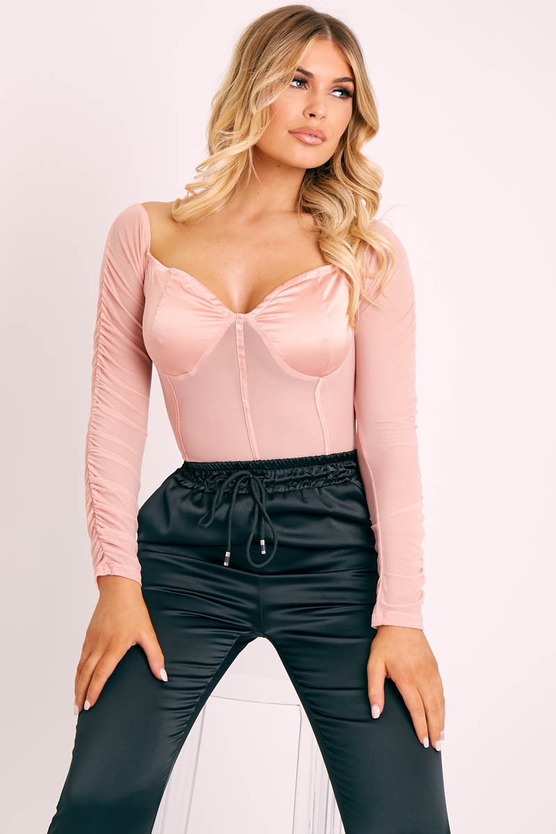 Pink Satin Corset Ruched Arm Bodysuit - Hartlee – Rebellious Fashion