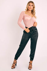 Pink Satin Corset Ruched Arm Bodysuit - Hartlee-Bodysuits