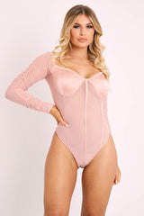 Pink Satin Corset Ruched Arm Bodysuit - Hartlee-Bodysuits