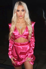 Pink Satin Crop Blouse Skirt Co-Ord - Dakiya-Co-ords