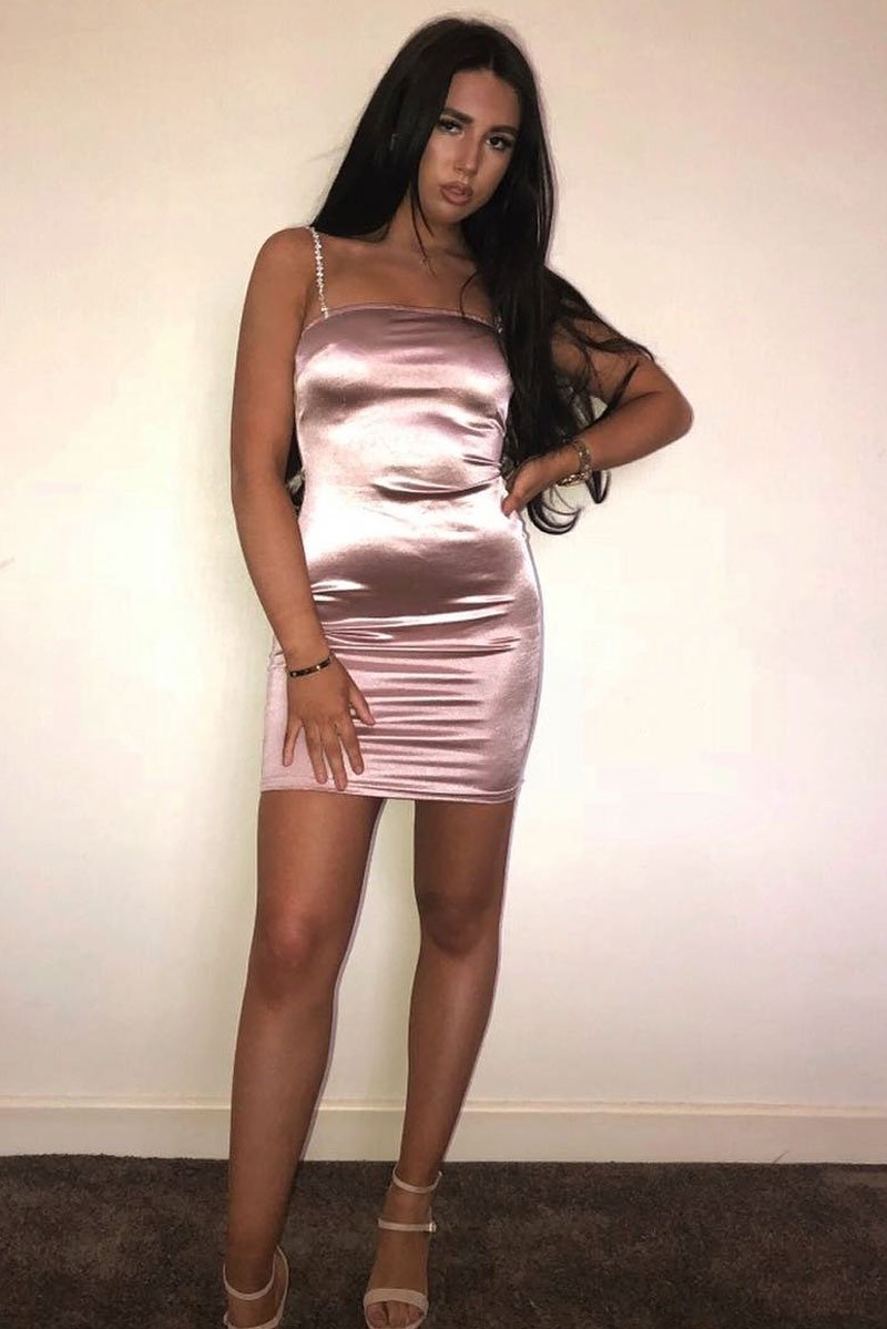 Pink Satin Diamante Strap Dress - Allaya-Dresses
