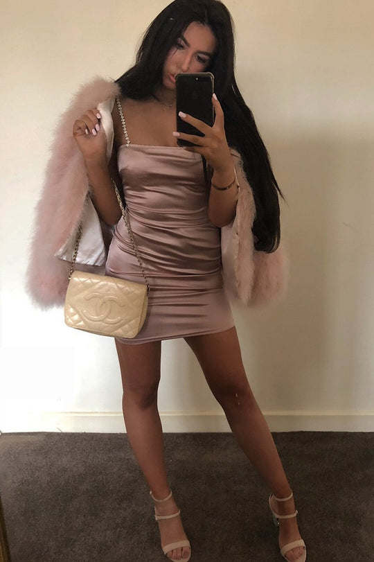 Pink Satin Diamante Strap Dress - Allaya
