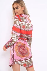 Pink Satin Paisley Print Button Front Shirt Dress - Hailie-Dresses