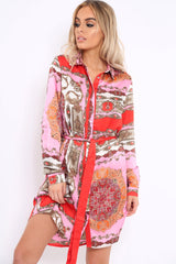 Pink Satin Paisley Print Button Front Shirt Dress - Hailie-Dresses