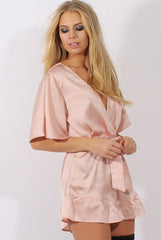 Pink Satin Plunge Flared Sleeve Tied Waist Playsuit - Crystal-Playsuits