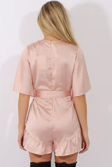 Pink Satin Plunge Flared Sleeve Tied Waist Playsuit - Crystal-Playsuits