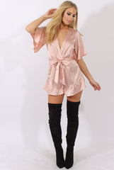 Pink Satin Plunge Flared Sleeve Tied Waist Playsuit - Crystal-Playsuits