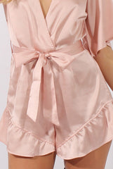 Pink Satin Plunge Flared Sleeve Tied Waist Playsuit - Crystal-Playsuits