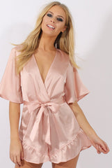 Pink Satin Plunge Flared Sleeve Tied Waist Playsuit - Crystal-Playsuits