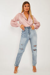 Pink Satin Plunge Lapel Collar Bodysuit - Danica-Bodysuits