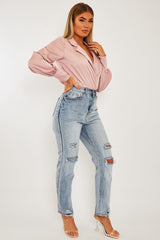 Pink Satin Plunge Lapel Collar Bodysuit - Danica-Bodysuits