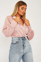 Pink Satin Plunge Lapel Collar Bodysuit - Danica-Bodysuits