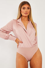 Pink Satin Plunge Lapel Collar Bodysuit - Danica-Bodysuits