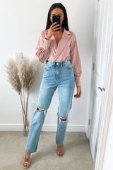 Pink Satin Plunge Lapel Collar Bodysuit - Danica-Bodysuits